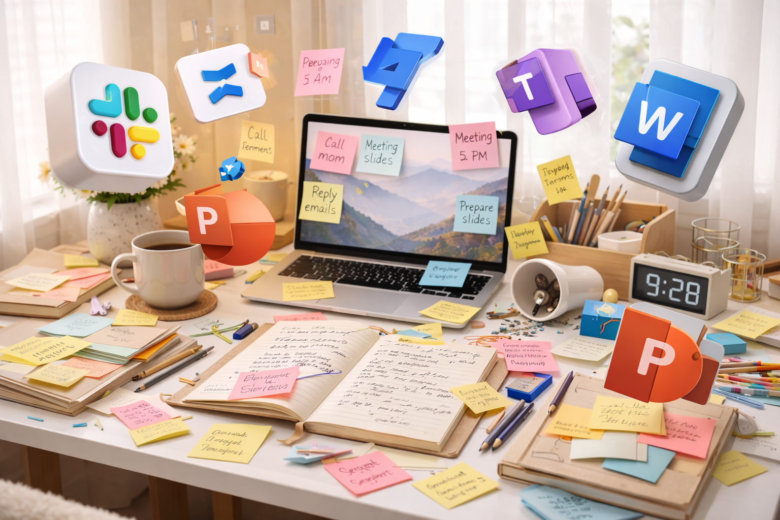 Warm desk setup with notebook and laptop