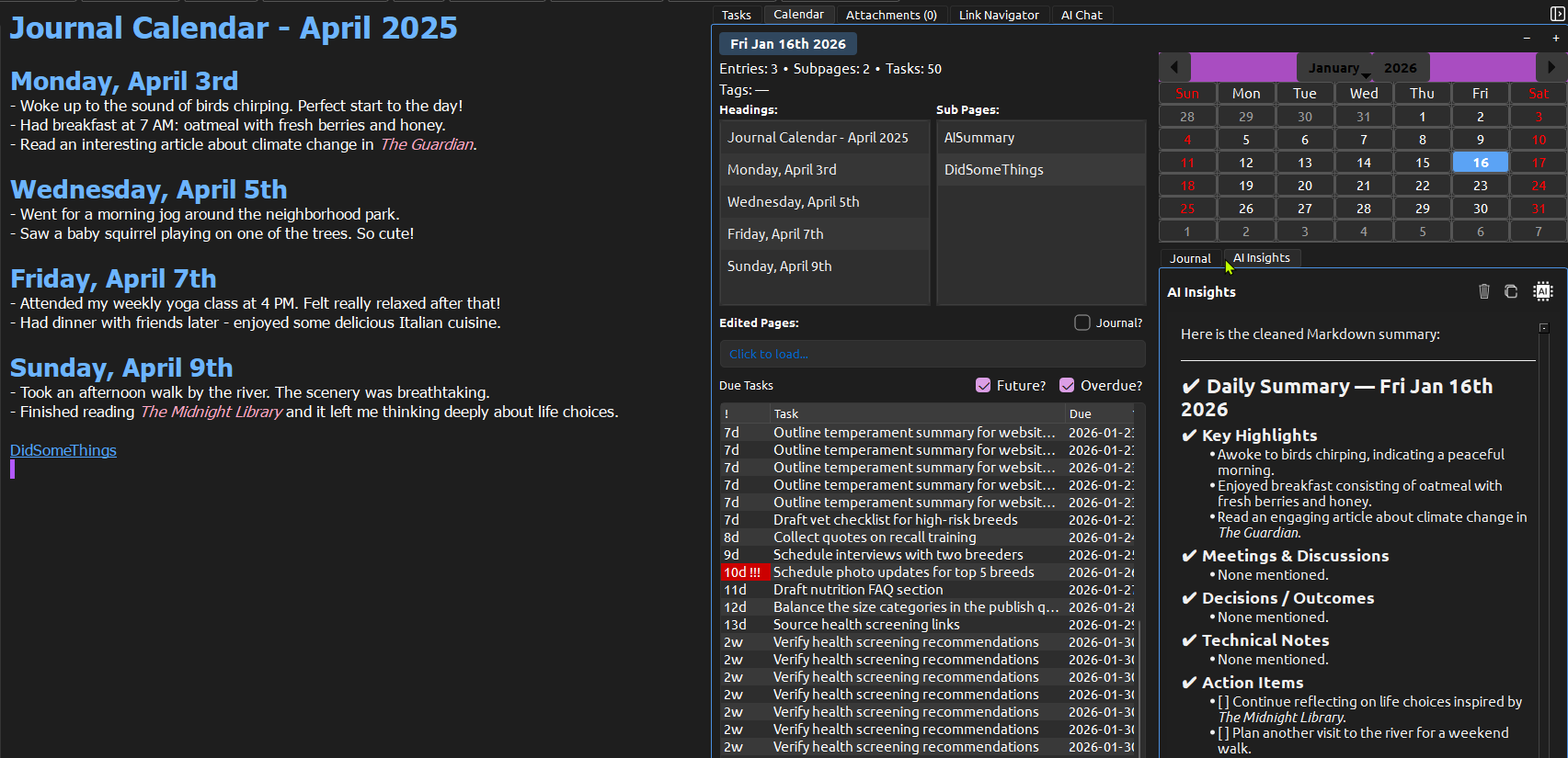 StillPoint calendar page with daily notes